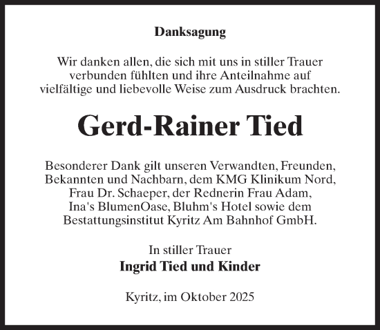 Traueranzeige von Gerd-Rainer Tied von Wochenspiegel
