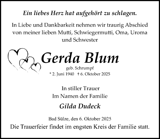 Traueranzeige von Gerda Blum von Ostsee-Zeitung GmbH
