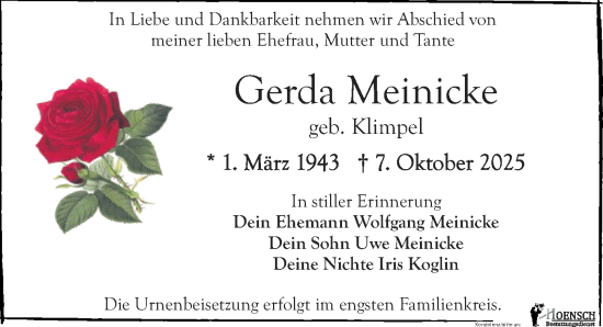 Traueranzeige von Gerda Meinicke von Leipziger Volkszeitung