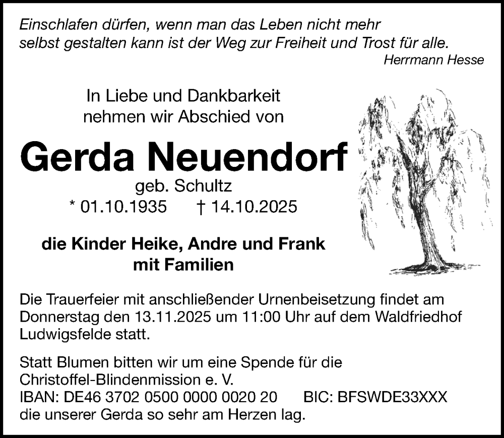  Traueranzeige für Gerda Neuendorf vom 18.10.2025 aus Märkischen Allgemeine Zeitung