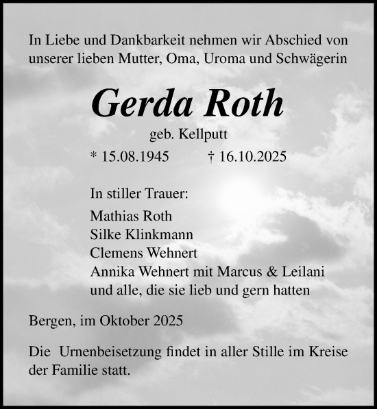 Traueranzeige von Gerda Roth von Ostsee-Zeitung GmbH