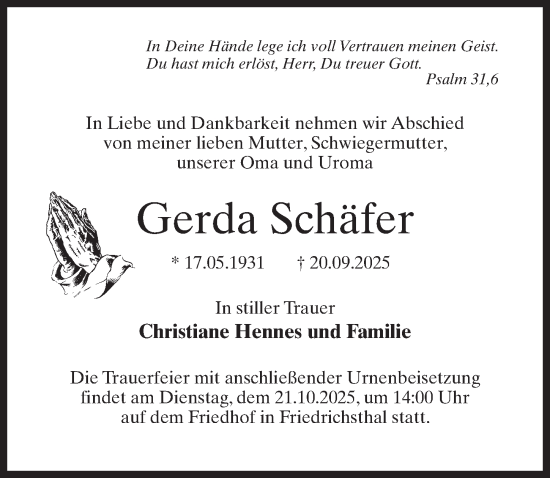 Traueranzeige von Gerda Schäfer von Märkischen Allgemeine Zeitung