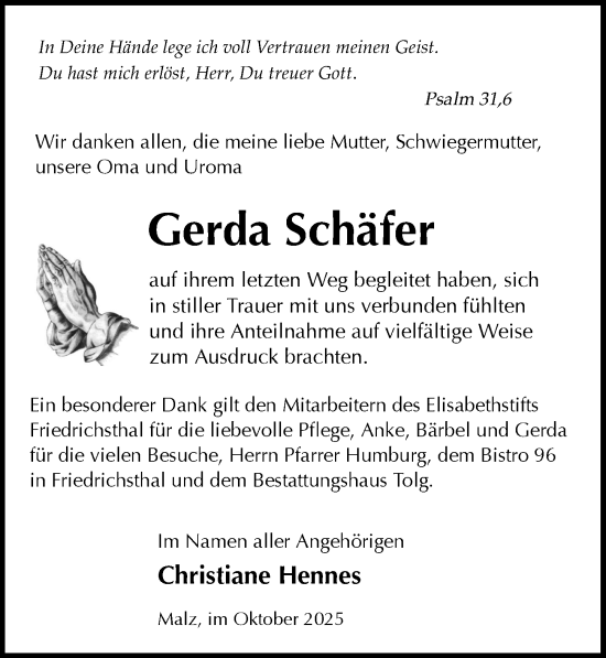 Traueranzeige von Gerda Schäfer von Märkischen Allgemeine Zeitung