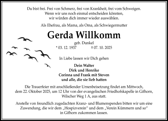 Traueranzeige von Gerda Willkomm von Aller Zeitung