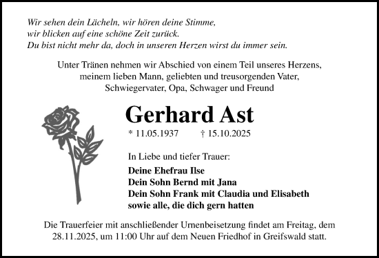 Traueranzeige von Gerhard Ast von Ostsee-Zeitung GmbH