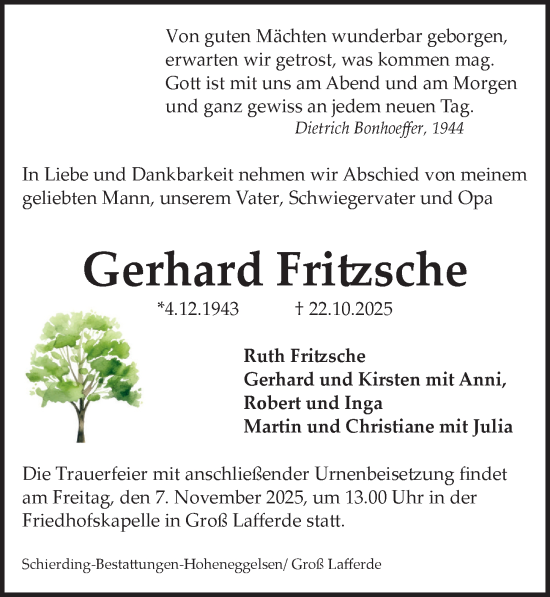 Traueranzeige von Gerhard Fritzsche von Peiner Allgemeine Zeitung