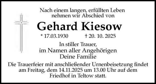 Traueranzeige von Gerhard Kiesow von Märkischen Allgemeine Zeitung