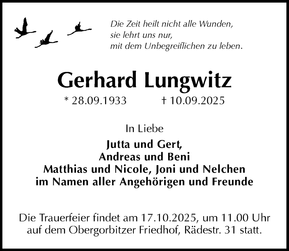 Traueranzeige für Gerhard Lungwitz vom 04.10.2025 aus Sächsische Zeitung