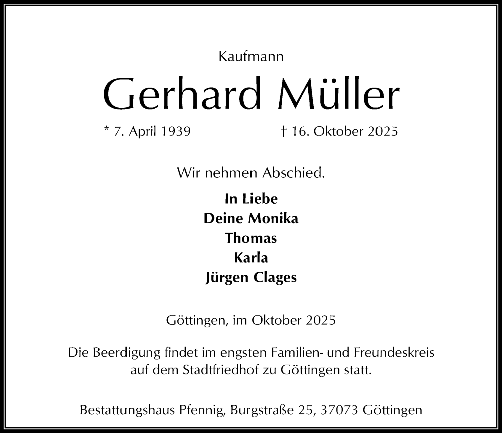  Traueranzeige für Gerhard Müller vom 25.10.2025 aus Göttinger Tageblatt