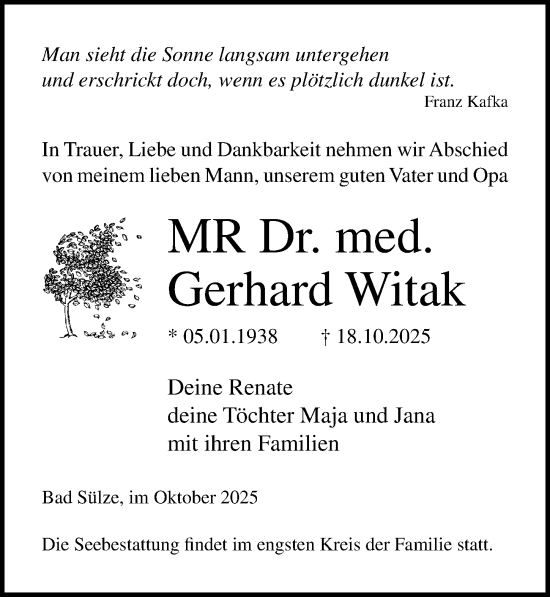 Traueranzeige von Gerhard Witak von Ostsee-Zeitung GmbH