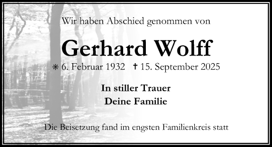 Traueranzeige von Gerhard Wolff von Göttinger Tageblatt