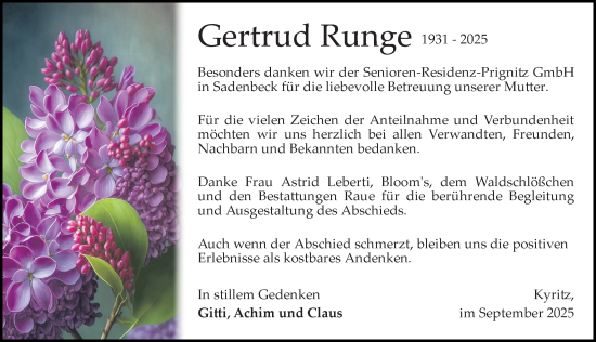 Traueranzeige von Gertrud Runge von Wochenspiegel