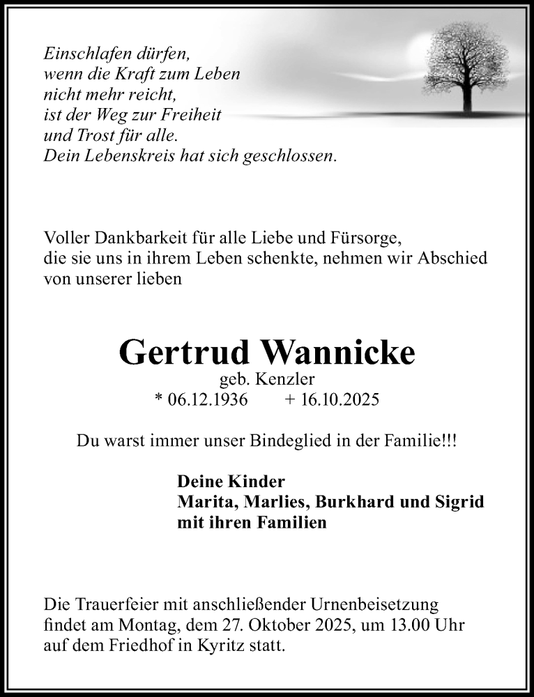  Traueranzeige für Gertrud Wannicke vom 25.10.2025 aus Wochenspiegel
