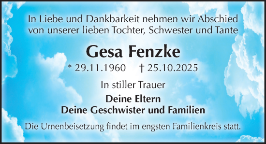 Traueranzeige von Gesa Fenzke von Leipziger Volkszeitung