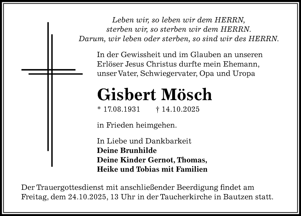  Traueranzeige für Gisbert Mösch vom 18.10.2025 aus Sächsische Zeitung