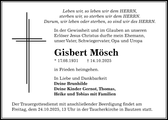 Traueranzeige von Gisbert Mösch von Sächsische Zeitung