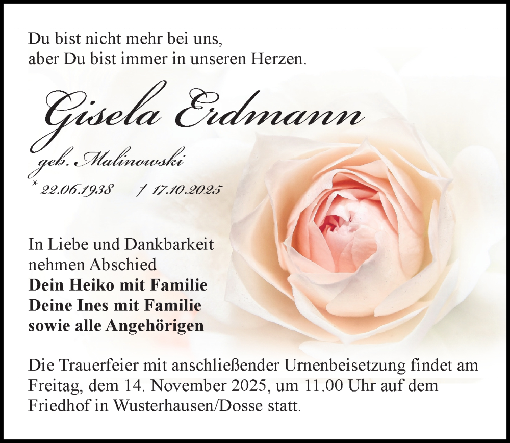  Traueranzeige für Gisela Erdmann vom 25.10.2025 aus Wochenspiegel