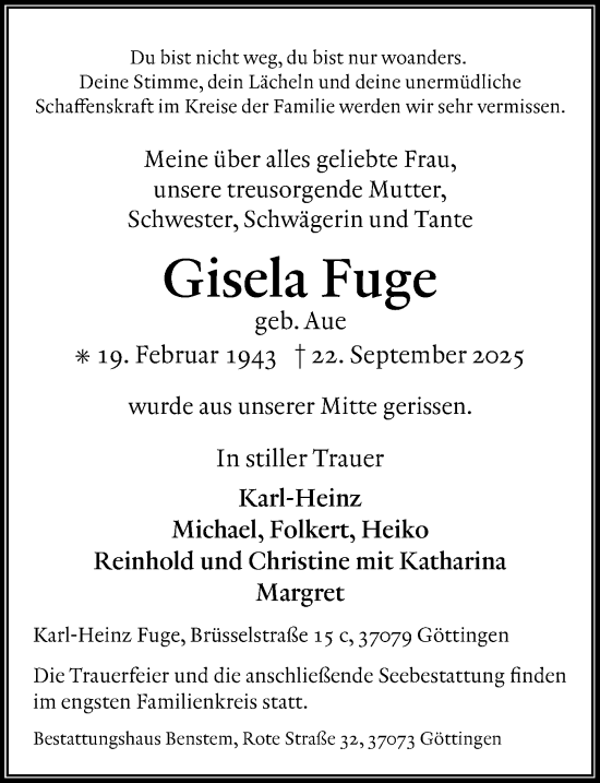 Traueranzeige von Gisela Fuge von Göttinger Tageblatt