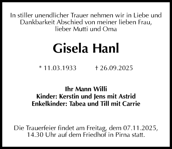 Traueranzeige von Gisela Hanl von Sächsische Zeitung