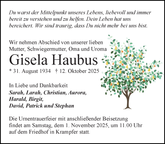 Traueranzeige von Gisela Haubus von Wochenspiegel