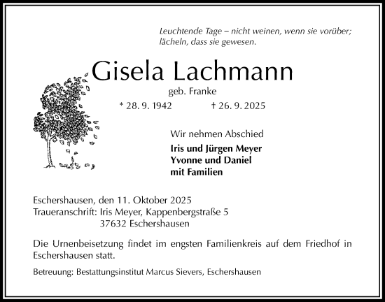 Traueranzeige von Gisela Lachmann von Täglicher Anzeiger Holzminden