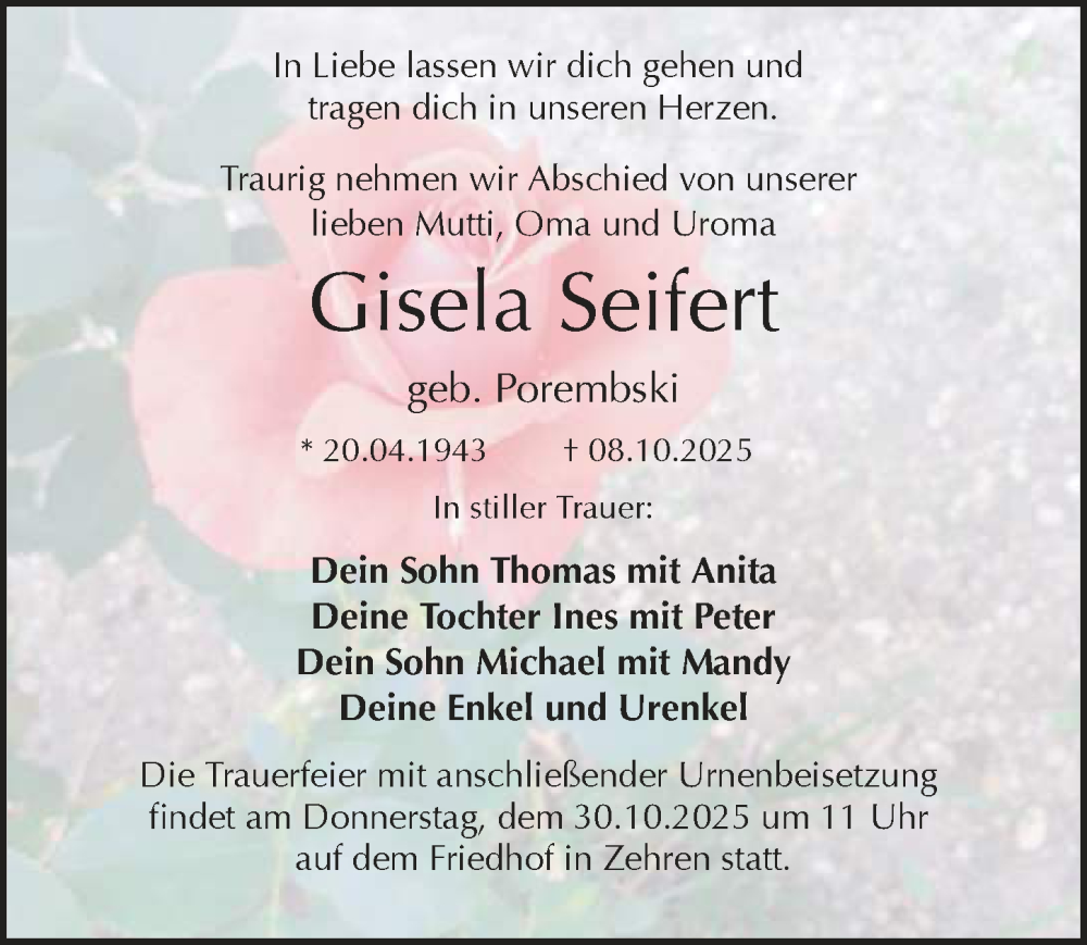  Traueranzeige für Gisela Seifert vom 25.10.2025 aus Sächsische Zeitung