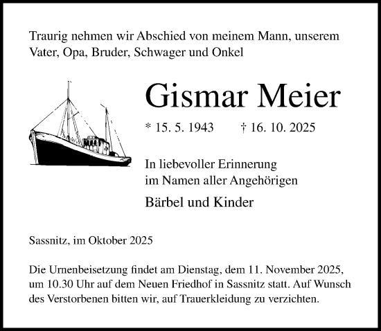 Traueranzeige von Gismar Meier von Ostsee-Zeitung GmbH