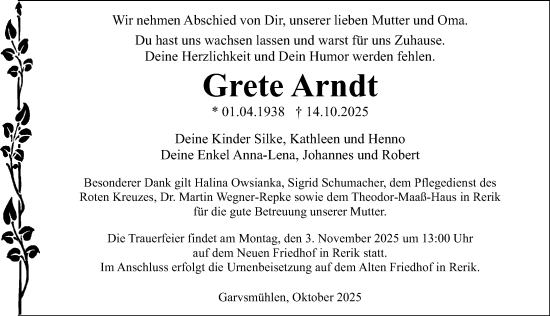 Traueranzeige von Grete Arndt von Ostsee-Zeitung GmbH