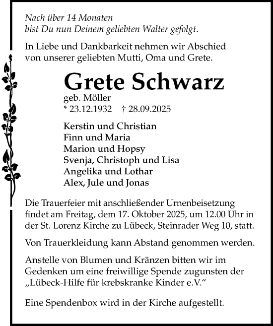 Traueranzeige von Grete Schwarz von Lübecker Nachrichten