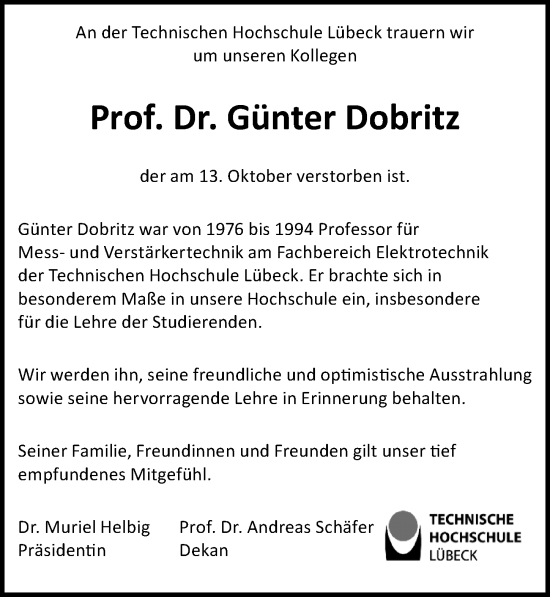 Traueranzeige von Günter Dobritz von Lübecker Nachrichten