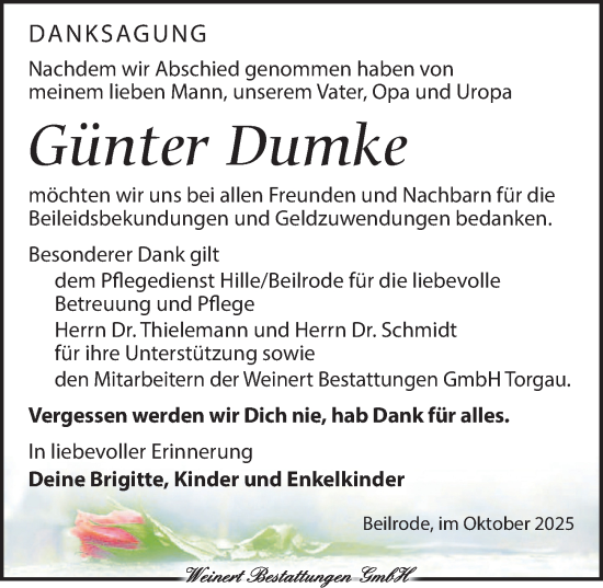 Traueranzeige von Günter Dumke von Torgauer Zeitung