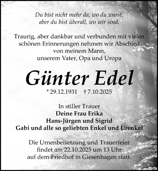 Traueranzeige von Günter Edel von Wochenspiegel