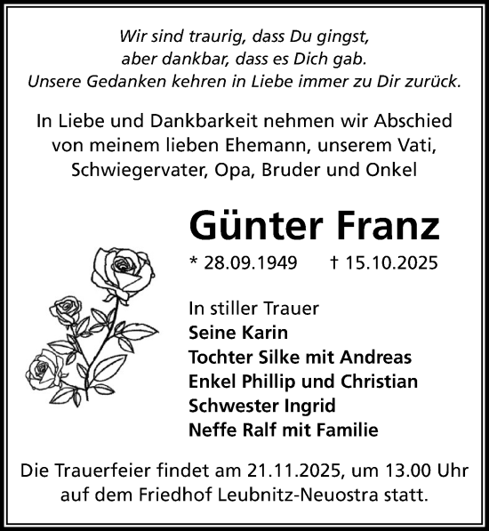 Traueranzeige von Günter Franz von Sächsische Zeitung