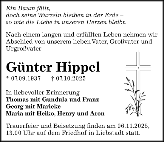 Traueranzeige von Günter Hippel von Sächsische Zeitung