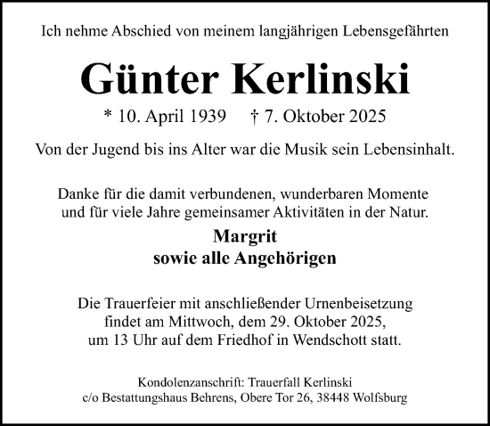 Traueranzeige von Günter Kerlinski von Aller Zeitung