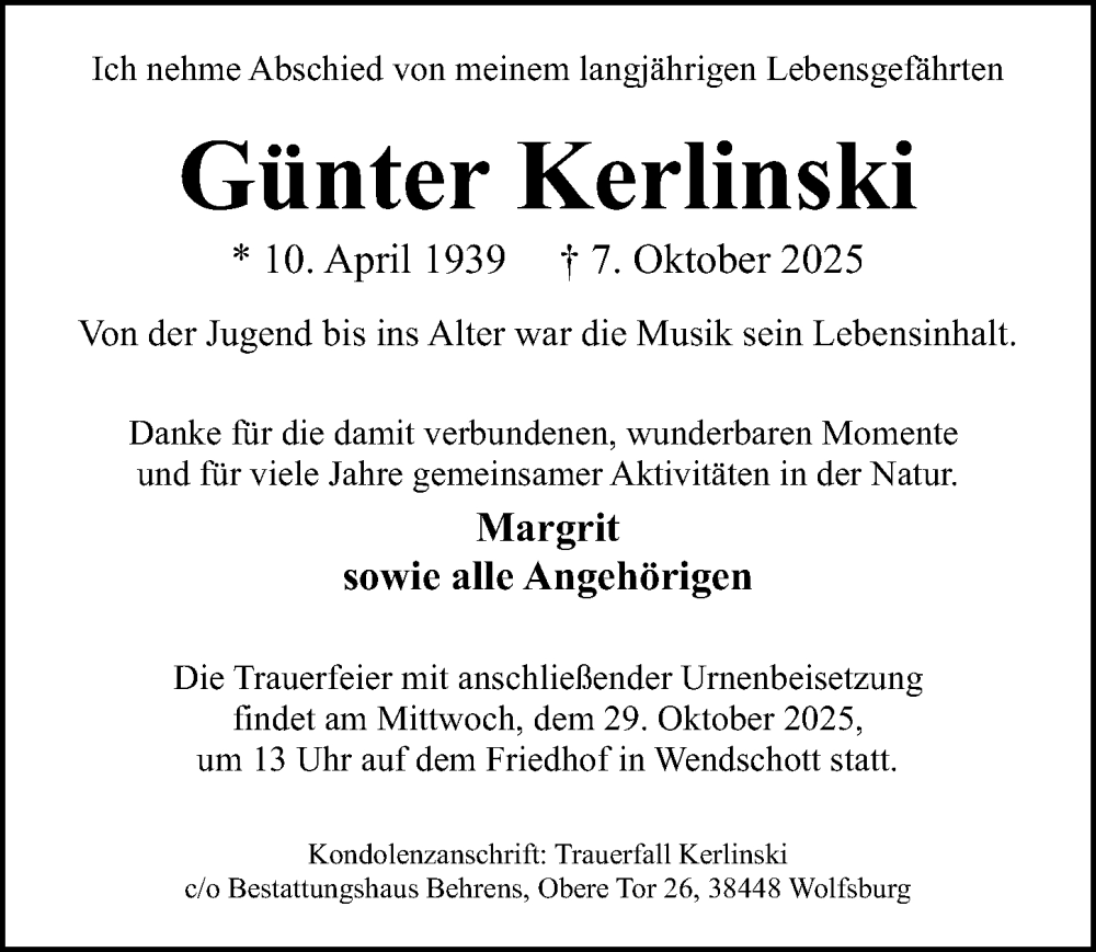  Traueranzeige für Günter Kerlinski vom 25.10.2025 aus Aller Zeitung