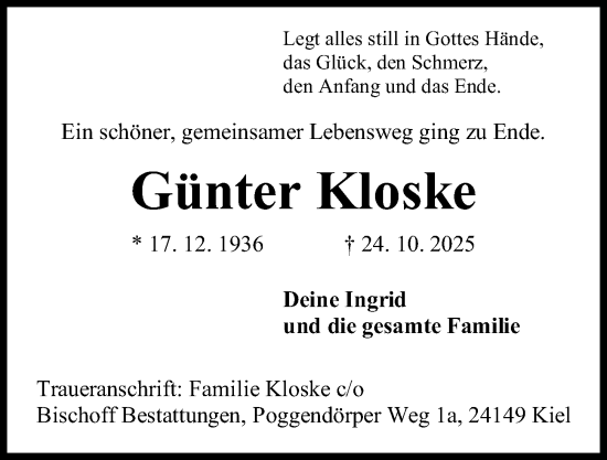 Traueranzeige von Günter Kloske von Kieler Nachrichten