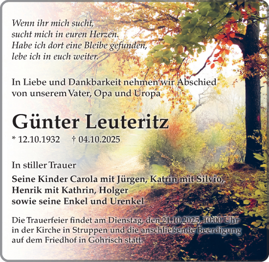 Traueranzeige von Günter Leuteritz von Sächsische Zeitung