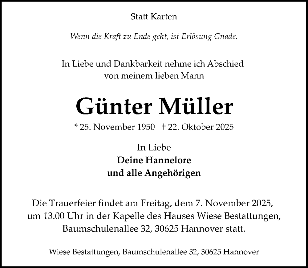  Traueranzeige für Günter Müller vom 01.11.2025 aus Hannoversche Allgemeine Zeitung/Neue Presse
