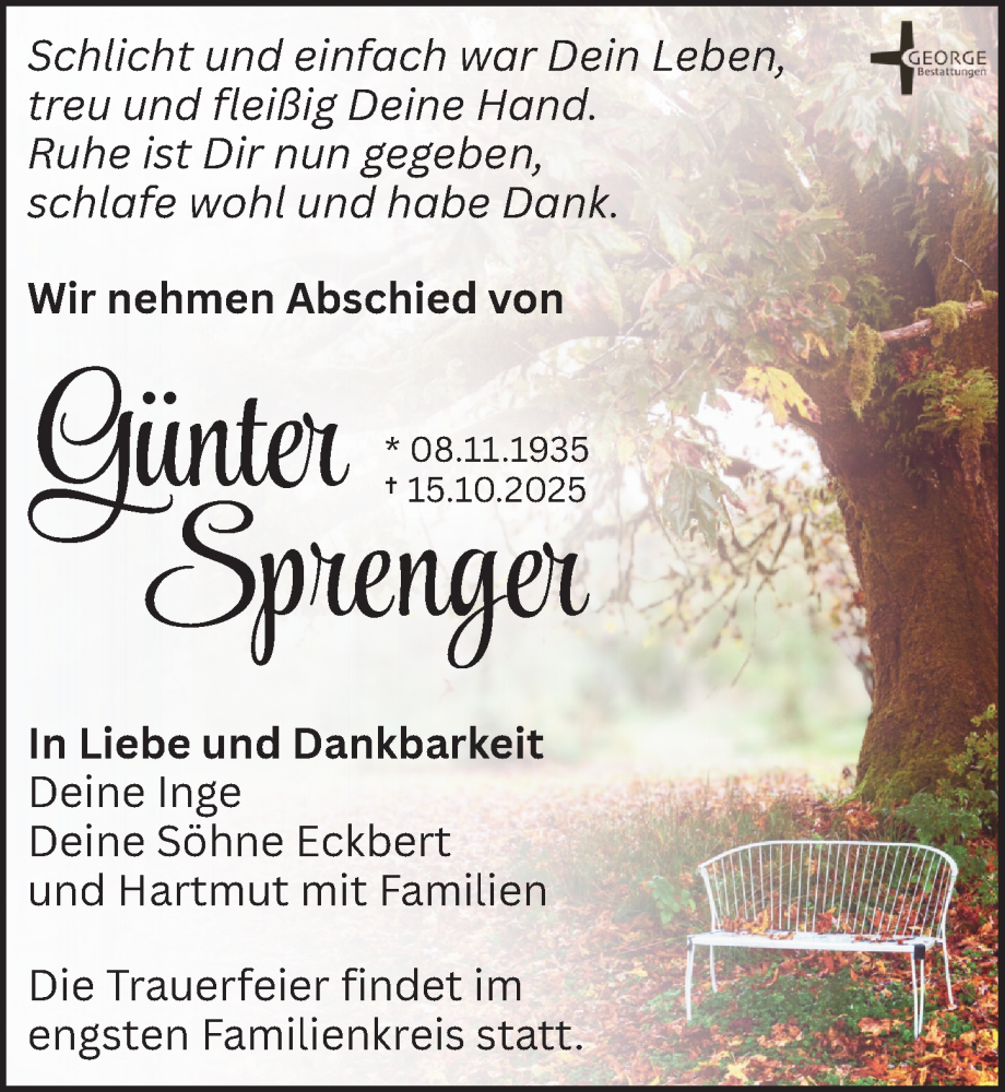  Traueranzeige für Günter Sprenger vom 01.11.2025 aus Leipziger Volkszeitung