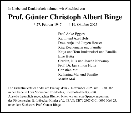 Traueranzeige von Günter Christoph Albert Binge von Lübecker Nachrichten