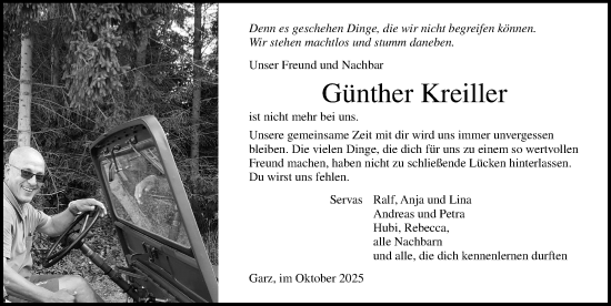 Traueranzeige von Günther Kreiller von Ostsee-Zeitung GmbH