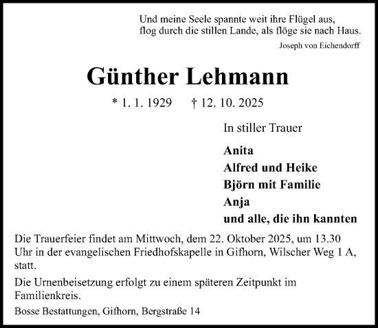 Traueranzeige von Günther Lehmann von Aller Zeitung