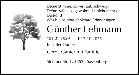 Traueranzeige von Günther Lehmann von Aller Zeitung