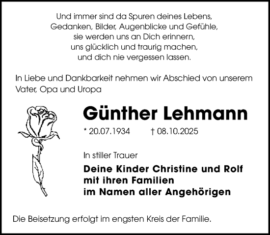 Traueranzeige von Günther Lehmann von Sächsische Zeitung
