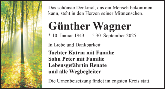 Traueranzeige von Günther Wagner von Sächsische Zeitung