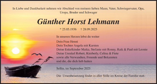 Traueranzeige von Günther Horst Lehmann von Ostsee-Zeitung GmbH
