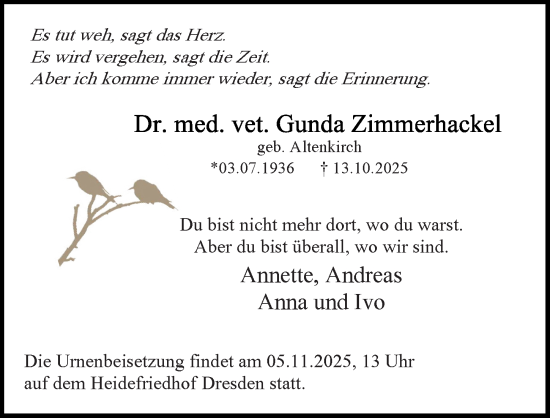 Traueranzeige von Gunda Zimmerhackel von Sächsische Zeitung