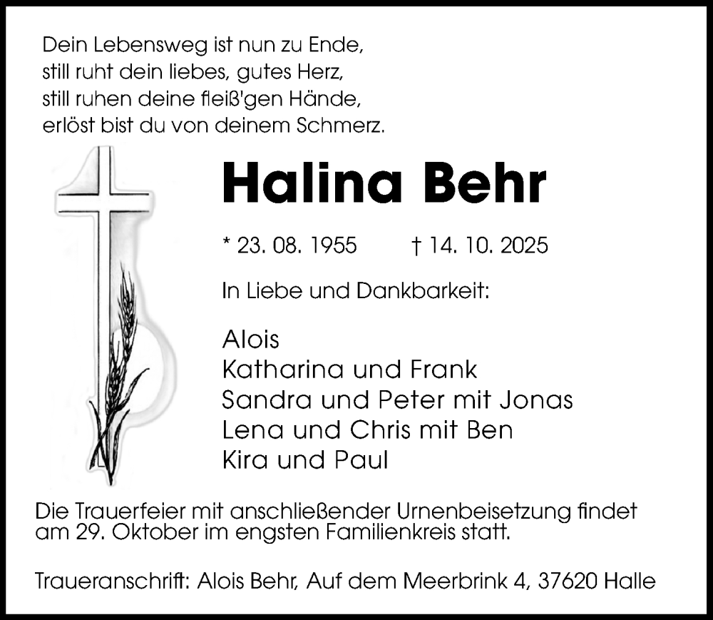  Traueranzeige für Halina Behr vom 25.10.2025 aus Täglicher Anzeiger Holzminden