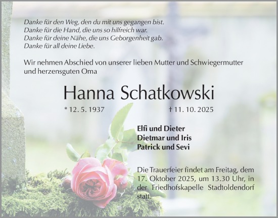Traueranzeige von Hanna Schatkowski von Täglicher Anzeiger Holzminden